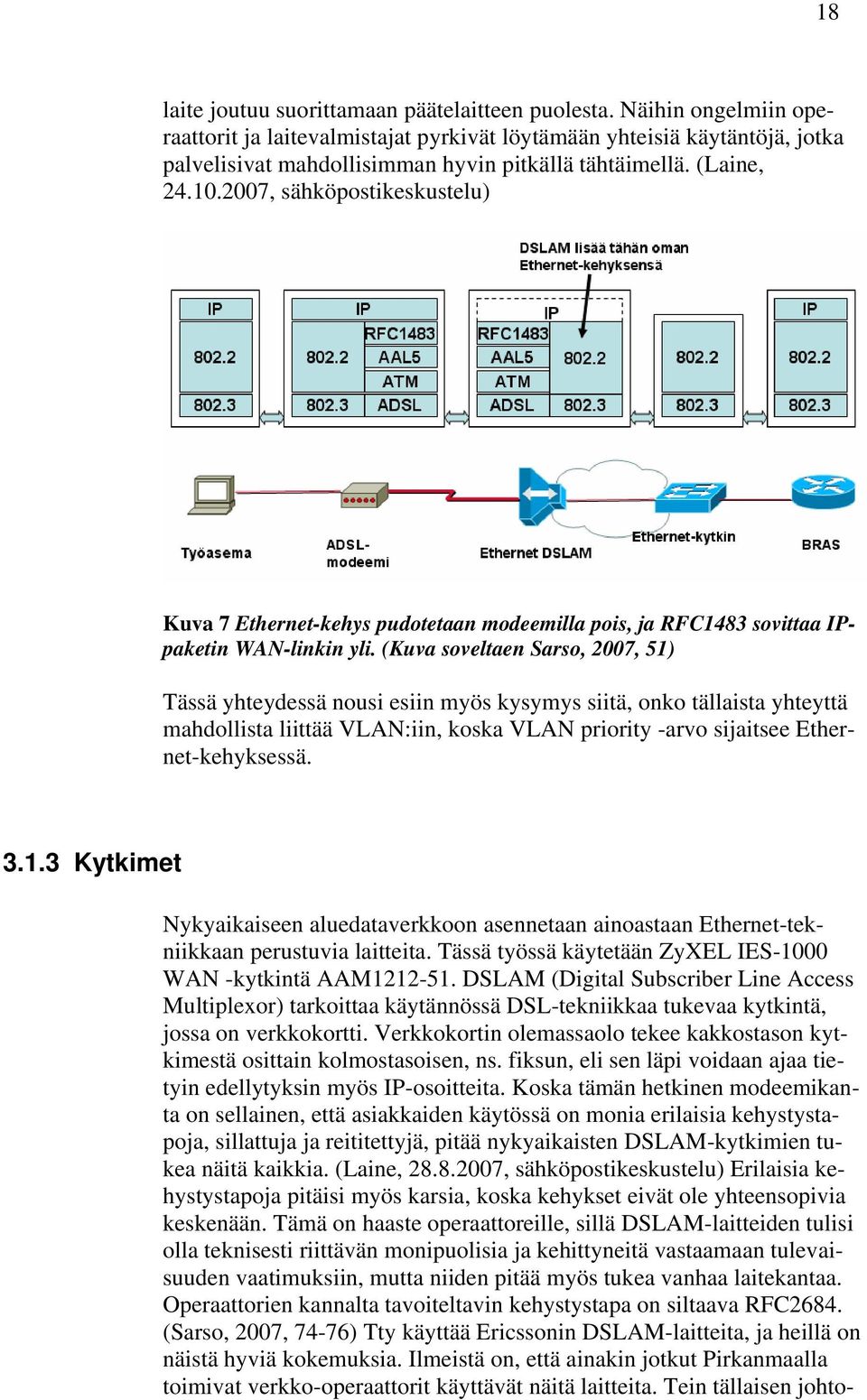 2007, sähköpostikeskustelu) Kuva 7 Ethernet-kehys pudotetaan modeemilla pois, ja RFC1483 sovittaa IPpaketin WAN-linkin yli.