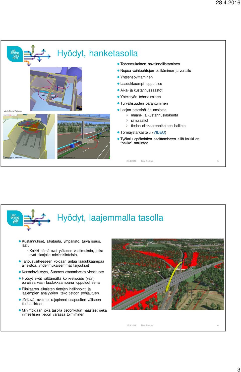 epäkohtien osoittamiseen sillä kaikki on pakko mallintaa Lähde: Perttu Valtonen Lähde: Viasys VDC Oy 5 Hyödyt, laajemmalla tasolla Kustannukset, aikataulu, ympäristö, turvallisuus, laatu Kaikki nämä