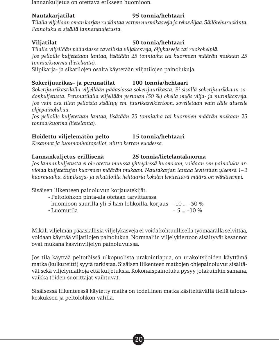 Jos pelloille kuljetetaan lantaa, lisätään 25 tonnia/ha tai kuormien määrän mukaan 25 tonnia/kuorma (lietelanta). Siipikarja- ja sikatilojen osalta käytetään viljatilojen painolukuja.