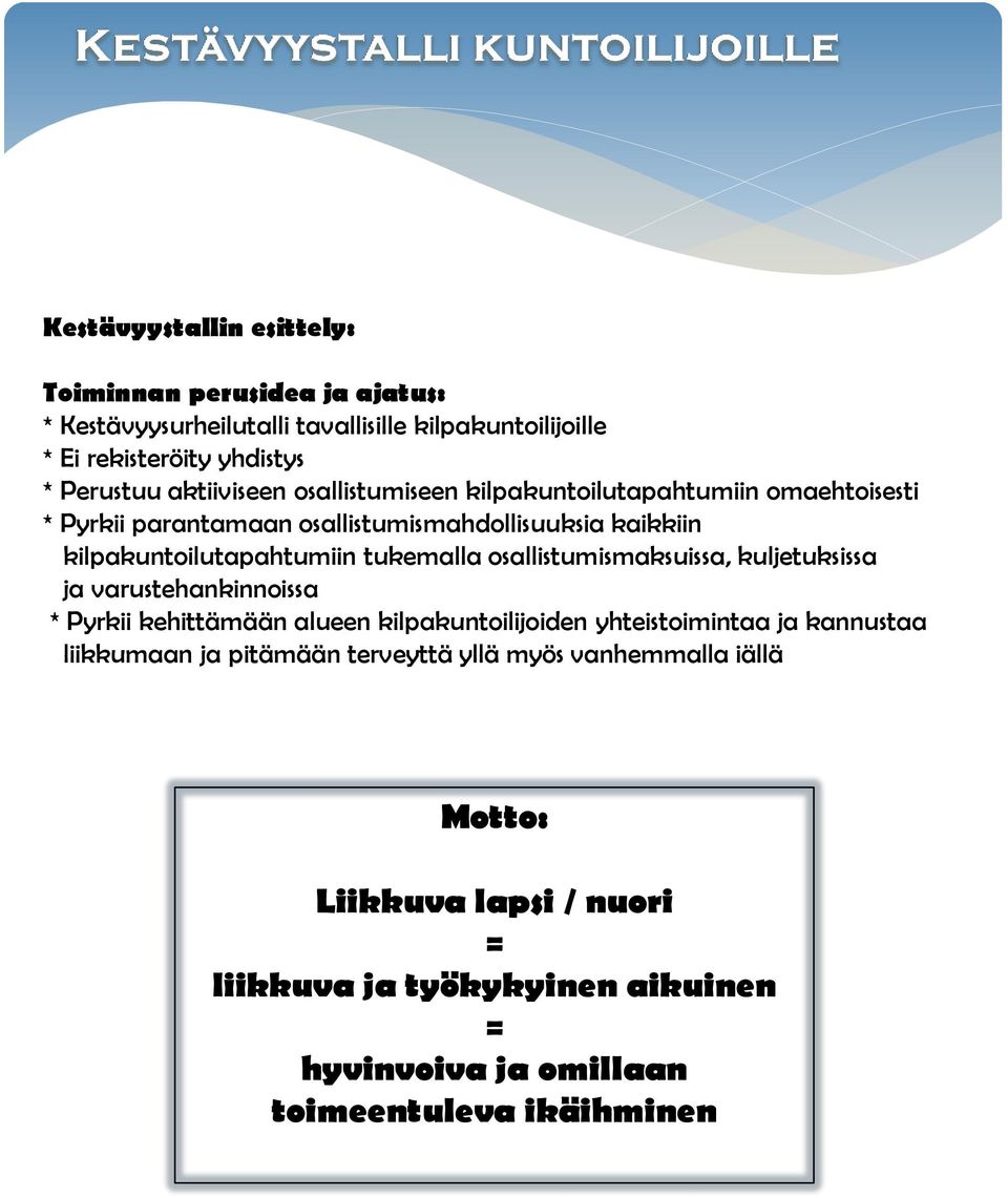 tukemalla osallistumismaksuissa, kuljetuksissa ja varustehankinnoissa * Pyrkii kehittämään alueen kilpakuntoilijoiden yhteistoimintaa ja kannustaa