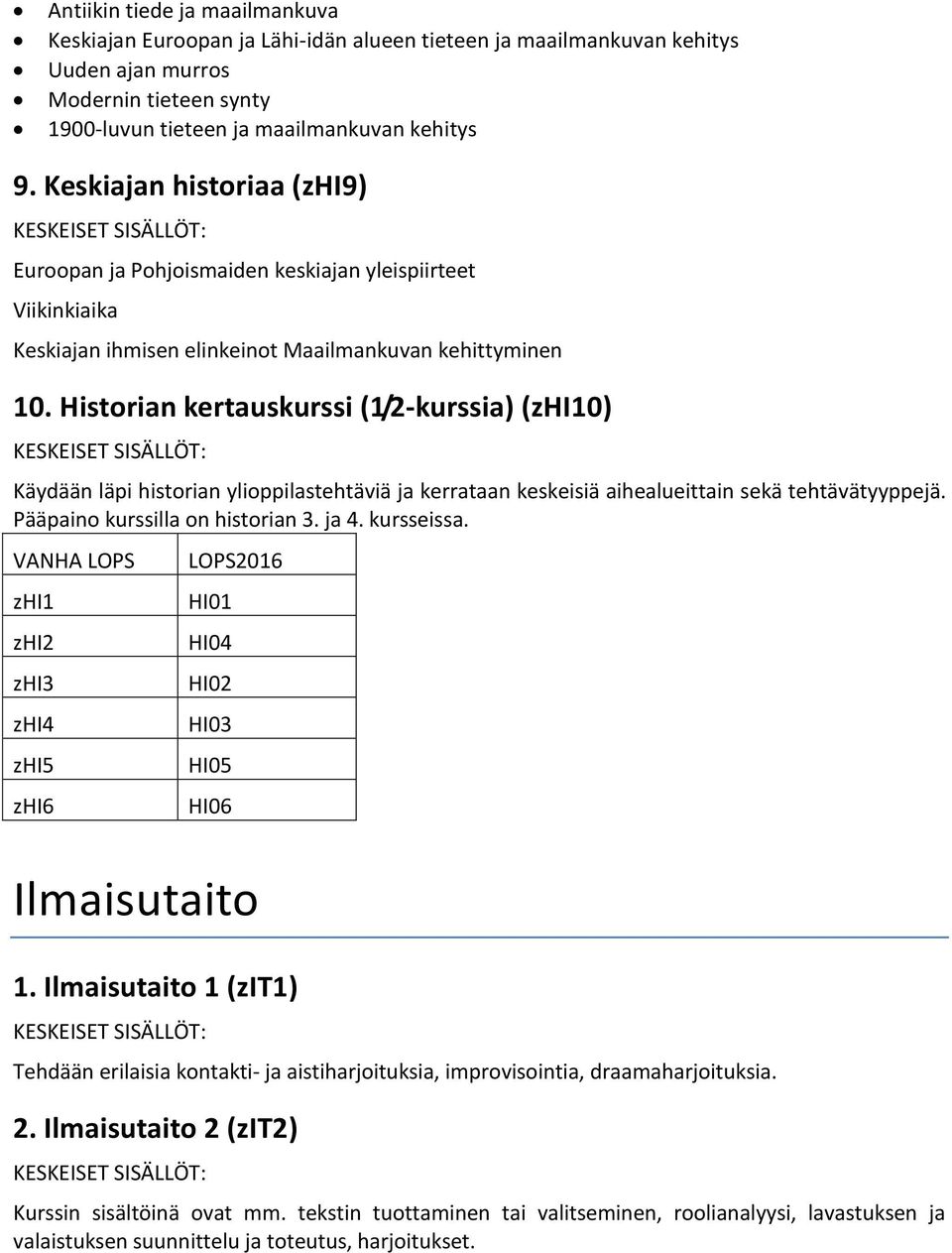 Historian kertauskurssi (1/2-kurssia) (zhi10) Käydään läpi historian ylioppilastehtäviä ja kerrataan keskeisiä aihealueittain sekä tehtävätyyppejä. Pääpaino kurssilla on historian 3. ja 4. kursseissa.