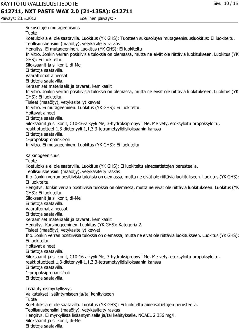 Jonkin verran positiivisia tuloksia on olemassa, mutta ne eivät ole riittäviä luokitukseen. Luokitus (YK GHS): Ei luokiteltu. Siloksaanit ja silikonit, dime In vitro.