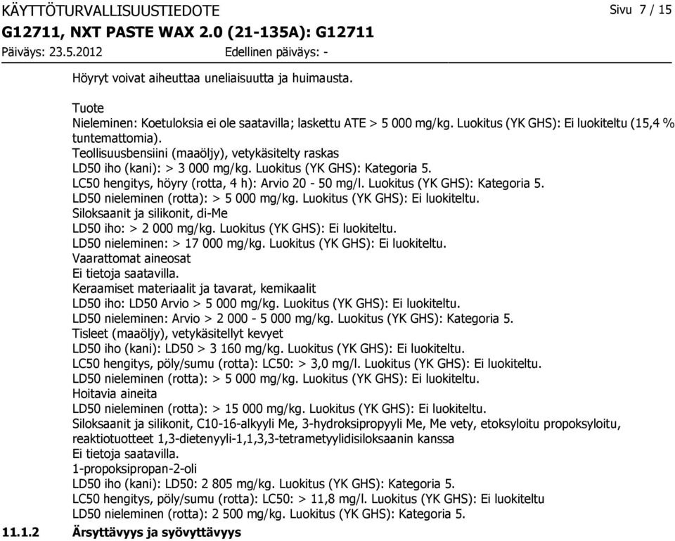 LC50 hengitys, höyry (rotta, 4 h): Arvio 20 50 mg/l. Luokitus (YK GHS): Kategoria 5. LD50 nieleminen (rotta): > 5 000 mg/kg. Luokitus (YK GHS): Ei luokiteltu.