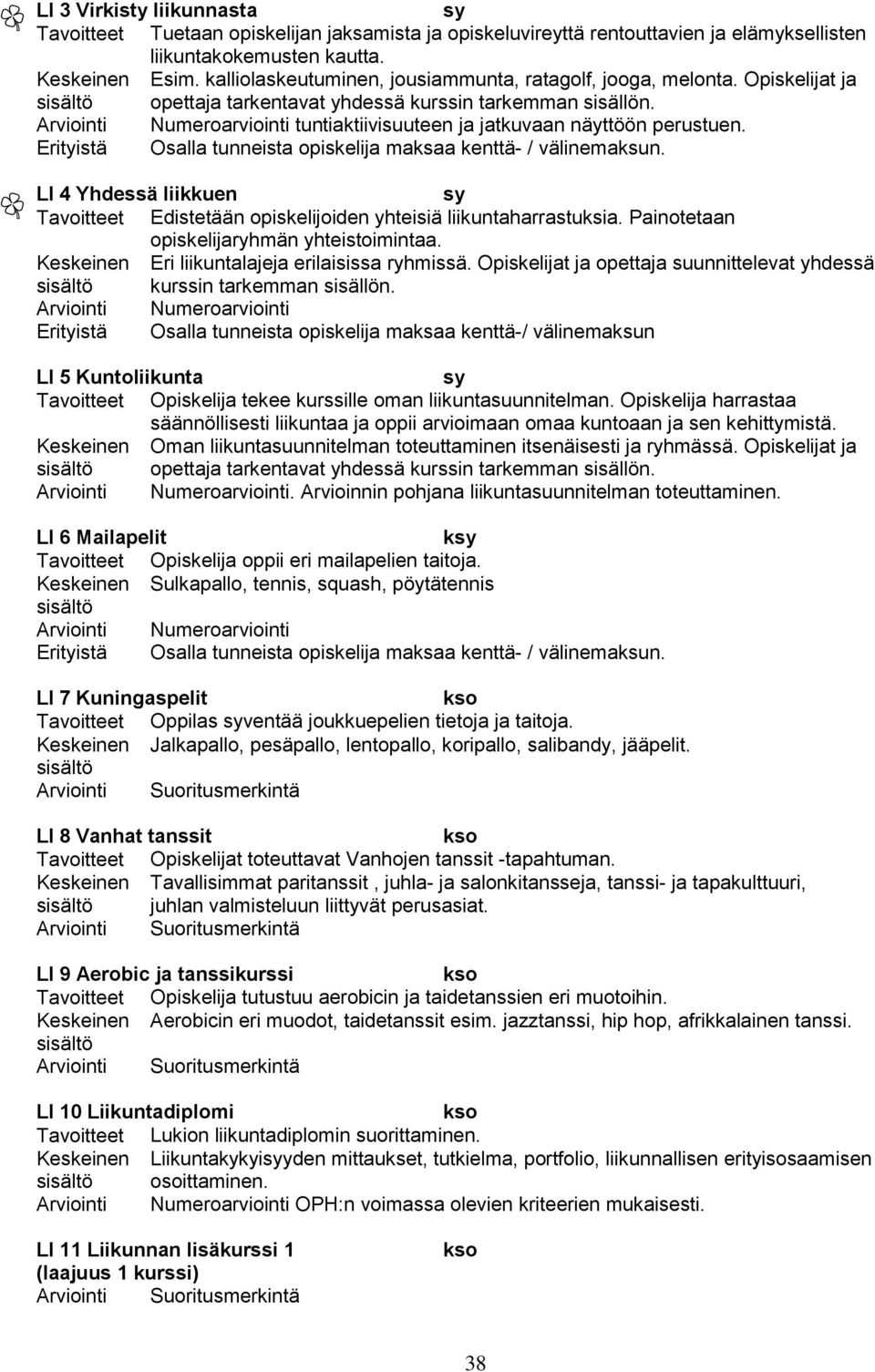 Erityistä Osalla tunneista opiskelija maksaa kenttä- / välinemaksun. LI 4 Yhdessä liikkuen sy Tavoitteet Edistetään opiskelijoiden yhteisiä liikuntaharrastuksia.