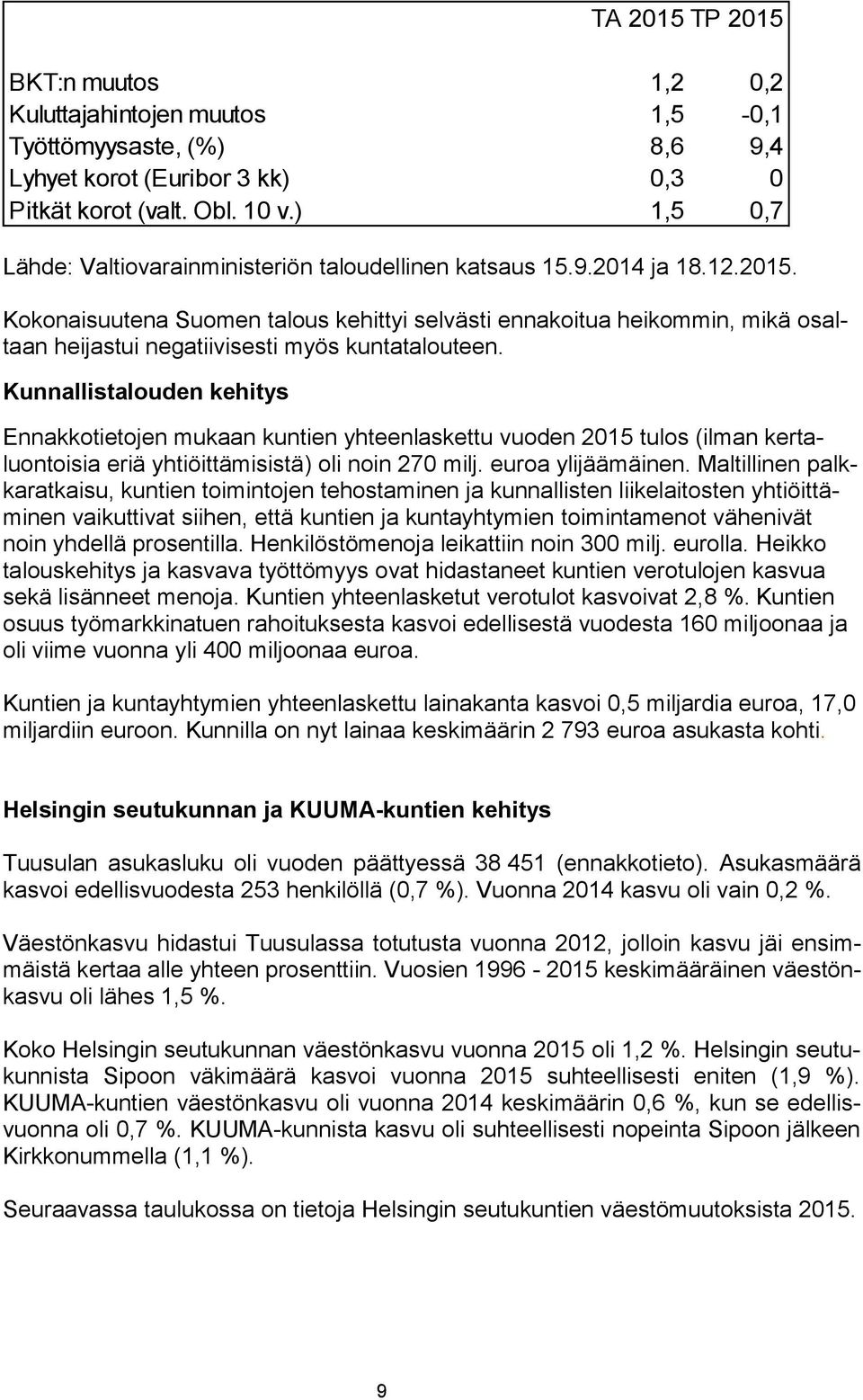 Kokonaisuutena Suomen talous kehittyi selvästi ennakoitua heikommin, mikä osaltaan heijastui negatiivisesti myös kuntatalouteen.
