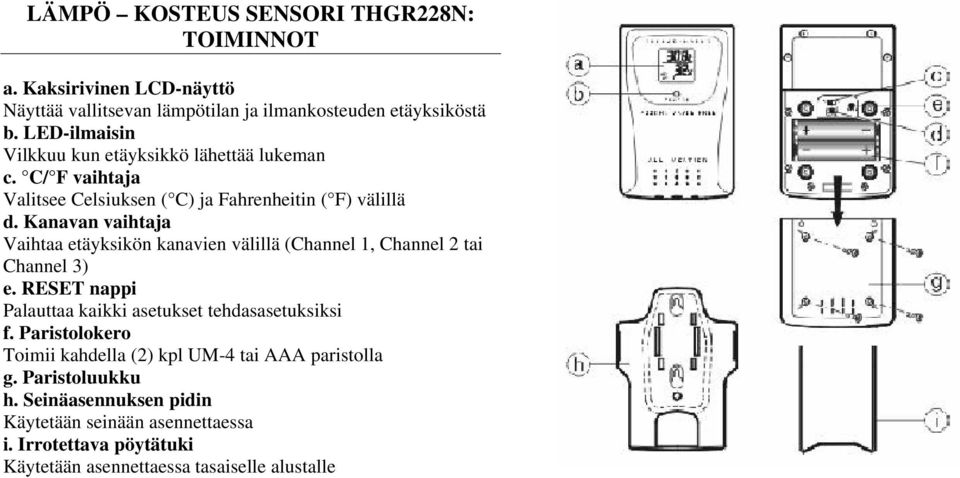 Kanavan vaihtaja Vaihtaa etäyksikön kanavien välillä (Channel 1, Channel 2 tai Channel 3) e. RESET nappi Palauttaa kaikki asetukset tehdasasetuksiksi f.