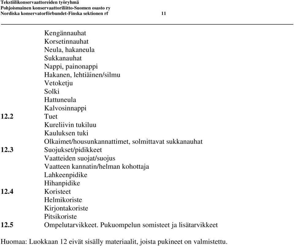 2 Tuet Kureliivin tukiluu Kauluksen tuki Olkaimet/housunkannattimet, solmittavat sukkanauhat 12.