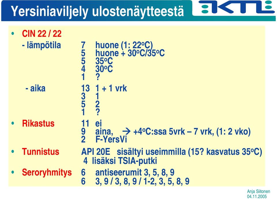 Rikastus 11 ei 9 aina, +4 o C:ssa 5vrk 7 vrk, (1: 2 vko) 2 F-YersVi Tunnistus API 20E