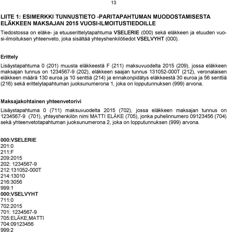 Erittely Lisäystapahtuma 0 (201) muusta eläkkeestä F (211) maksuvuodelta 2015 (209), jossa eläkkeen maksajan on 1234567-9 (202), eläkkeen saajan 131052-000T (212), veronalaisen eläkkeen määrä 130