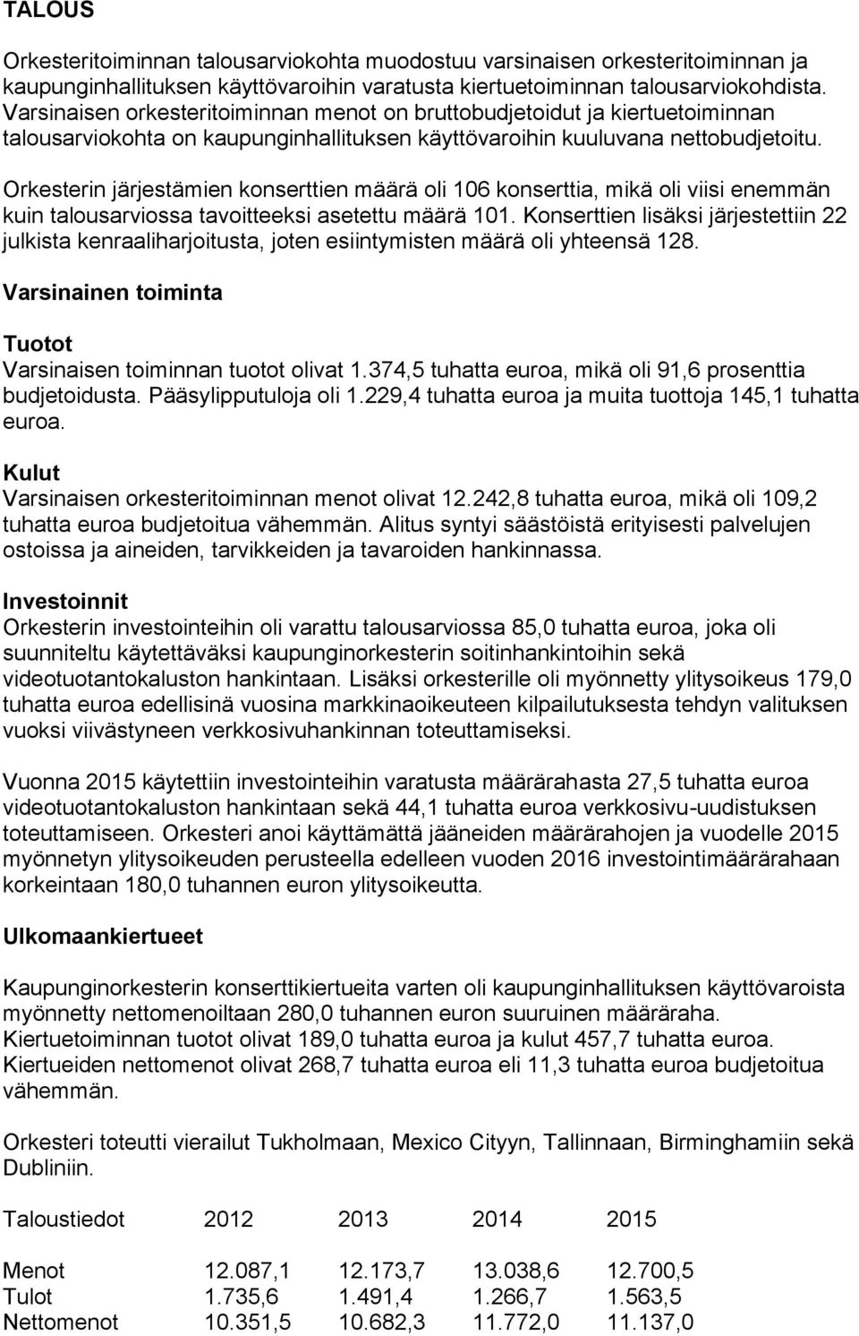 Orkesterin järjestämien konserttien määrä oli 106 konserttia, mikä oli viisi enemmän kuin talousarviossa tavoitteeksi asetettu määrä 101.