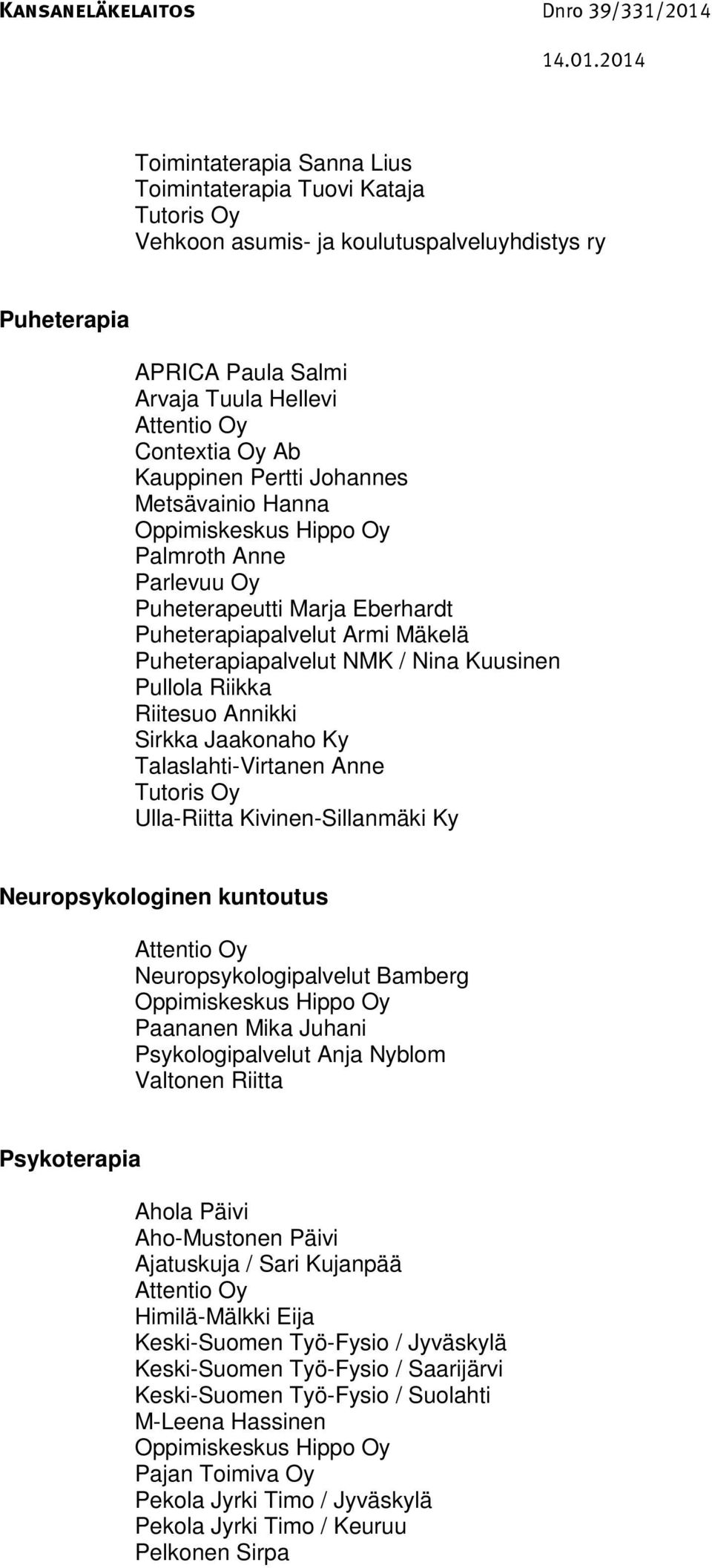 Pullola Riikka Riitesuo Annikki Sirkka Jaakonaho Ky Talaslahti-Virtanen Anne Tutoris Oy Ulla-Riitta Kivinen-Sillanmäki Ky Neuropsykologinen kuntoutus Attentio Oy Neuropsykologipalvelut Bamberg