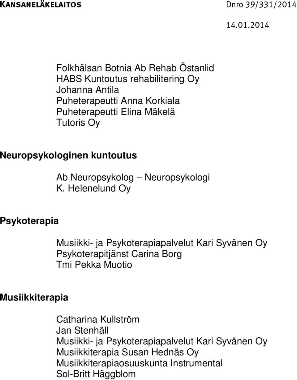 Helenelund Oy Psykoterapia Musiikki- ja Psykoterapiapalvelut Kari Syvänen Oy Psykoterapitjänst Carina Borg Tmi Pekka Muotio