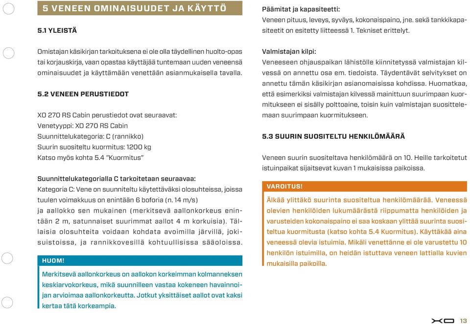 5. VNN PRUSTIOT XO 70 RS abin perustiedot ovat seuraavat: Venetyyppi: XO 70 RS abin Suunnittelukategoria: (rannikko) Suurin suositeltu kuormitus: 00 kg Katso myös kohta 5.