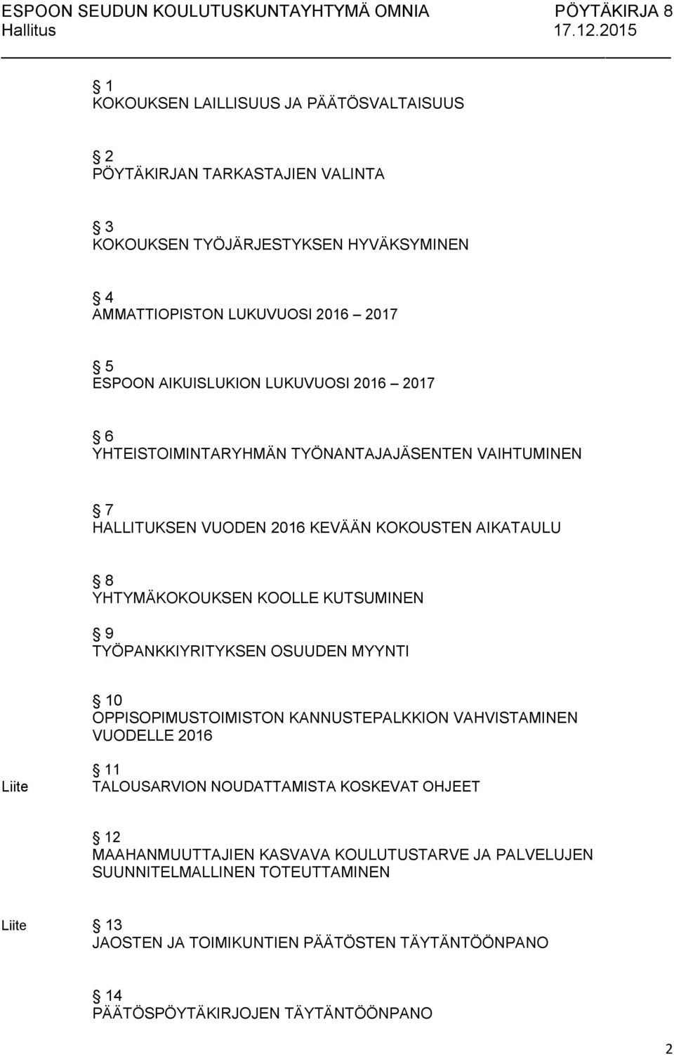 KUTSUMINEN 9 TYÖPANKKIYRITYKSEN OSUUDEN MYYNTI 10 OPPISOPIMUSTOIMISTON KANNUSTEPALKKION VAHVISTAMINEN VUODELLE 2016 Liite 11 TALOUSARVION NOUDATTAMISTA KOSKEVAT OHJEET 12