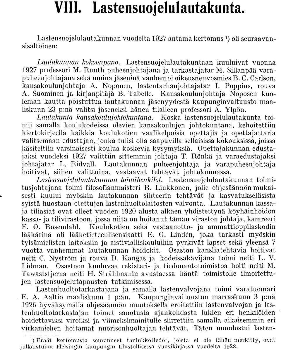 Carlson, kansakoulunjohtaja A. Noponen, lastentarhanjohtajatar I. Poppius, rouva A. Suominen ja kirjanpitäjä B. Tabelle.