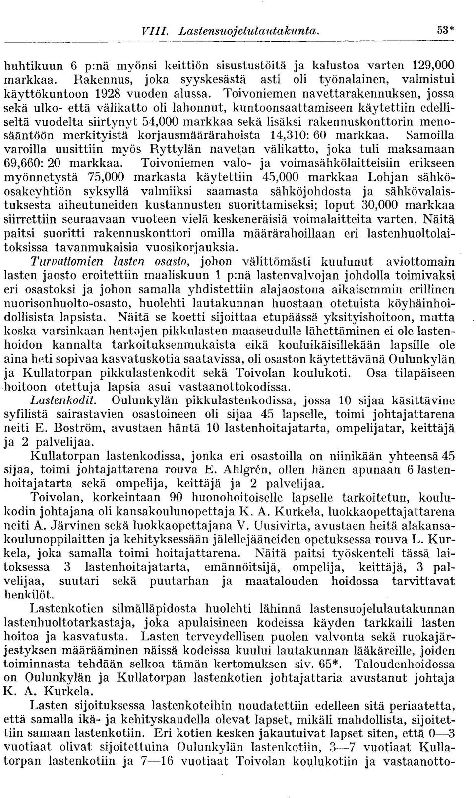 Toivoniemen navettarakennuksen, jossa sekä uiko- että välikatto oli lahonnut, kuntoonsaattamiseen käytettiin edelliseltä vuodelta siirtynyt 54,000 markkaa sekä lisäksi rakennuskonttorin menosääntöön