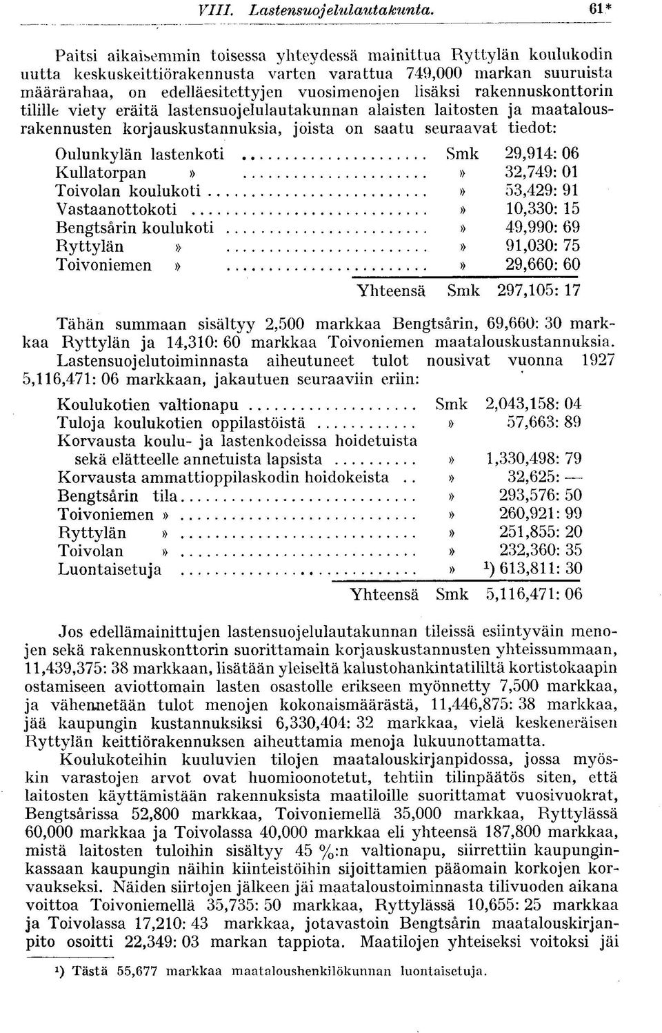 rakennuskonttorin tilille viety eräitä lastensuojelulautakunnan alaisten laitosten ja maatalousrakennusten korjauskustannuksia, joista on saatu seuraavat tiedot: Oulunkylän lastenkoti Smk 29,914:06