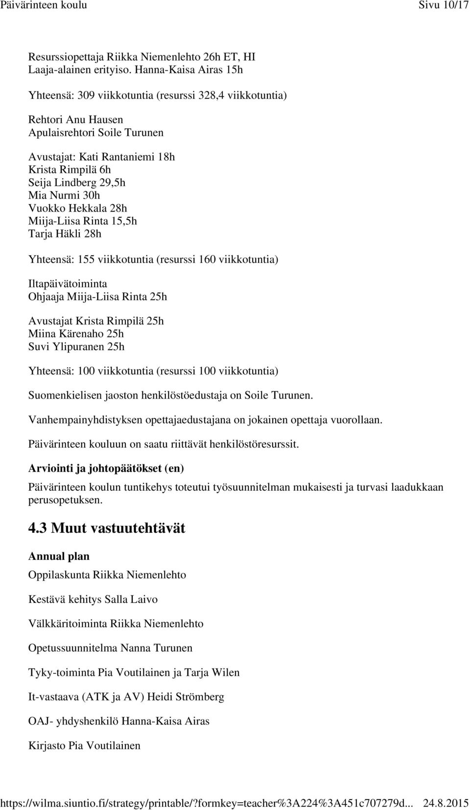Mia Nurmi 30h Vuokko Hekkala 28h Miija-Liisa Rinta 15,5h Tarja Häkli 28h Yhteensä: 155 viikkotuntia (resurssi 160 viikkotuntia) Iltapäivätoiminta Ohjaaja Miija-Liisa Rinta 25h Avustajat Krista