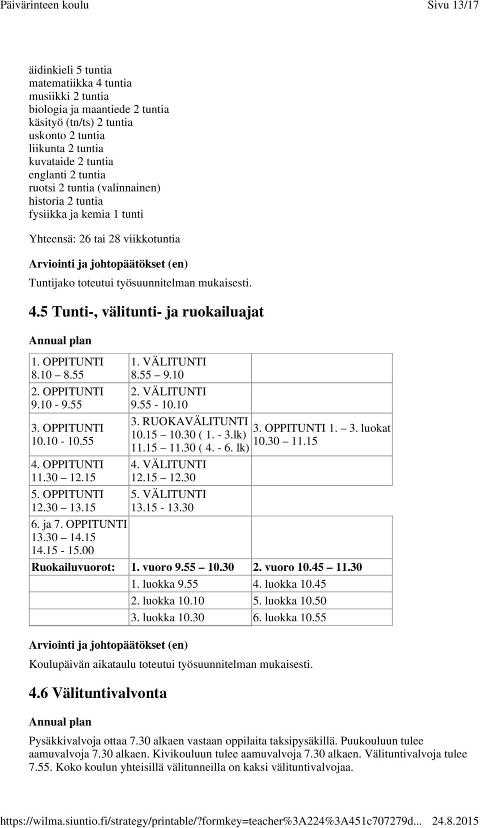 OPPITUNTI 8.10 8.55 2. OPPITUNTI 9.10-9.55 3. OPPITUNTI 10.10-10.55 4. OPPITUNTI 11.30 12.15 5. OPPITUNTI 12.30 13.15 Koulupäivän aikataulu toteutui työsuunnitelman mukaisesti. 4.6 Välituntivalvonta 1.