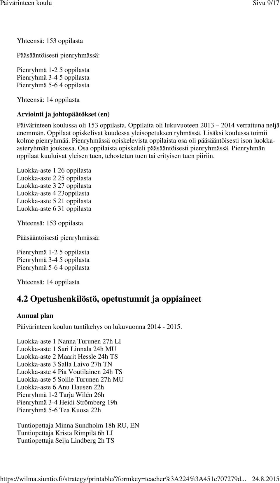 Pienryhmässä opiskelevista oppilaista osa oli pääsääntöisesti ison luokkaasteryhmän joukossa. Osa oppilaista opiskeleli pääsääntöisesti pienryhmässä.