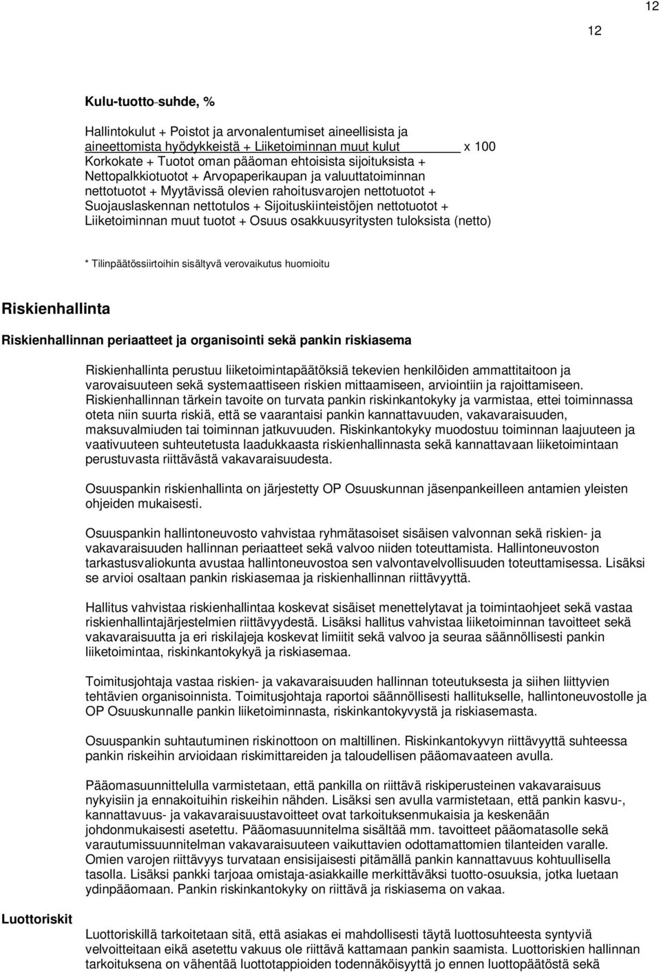 nettotuotot + Liiketoiminnan muut tuotot + Osuus osakkuusyritysten tuloksista (netto) * Tilinpäätössiirtoihin sisältyvä verovaikutus huomioitu Riskienhallinta Riskienhallinnan periaatteet ja