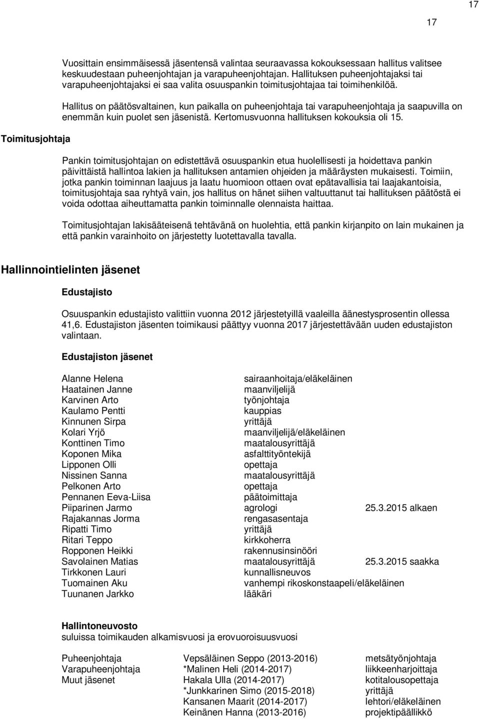 Hallitus on päätösvaltainen, kun paikalla on puheenjohtaja tai varapuheenjohtaja ja saapuvilla on enemmän kuin puolet sen jäsenistä. Kertomusvuonna hallituksen kokouksia oli 15.