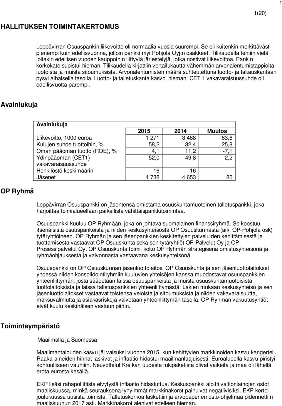 Tilikaudella tehtiin vielä joitakin edellisen vuoden kauppoihin liittyviä järjestelyjä, jotka nostivat liikevoittoa. Pankin korkokate supistui hieman.