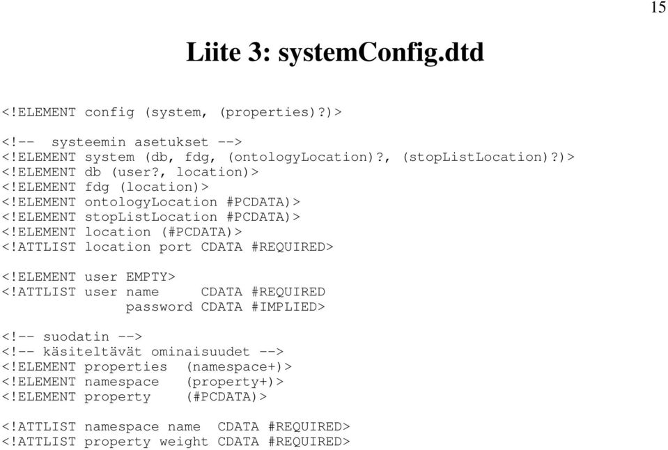 ATTLIST location port CDATA #REQUIRED> <!ELEMENT user EMPTY> <!ATTLIST user name CDATA #REQUIRED password CDATA #IMPLIED> <!-- suodatin --> <!