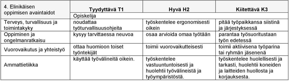 työsuoritustaan työn edetessä ottaa huomioon toiset toimii vuorovaikutteisesti toimii aktiivisena työparina työntekijät tai ryhmän jäsenenä käyttää työvälineitä oikein.