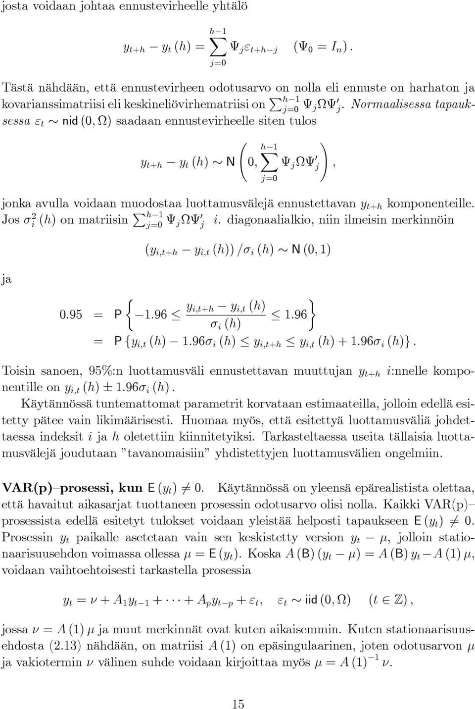 Normaalisessa tapauksessa ε t nid (0, Ω) saadaan ennustevirheelle siten tulos ( ) h 1 y t+h y t (h) N 0, Ψ j ΩΨ j, jonka avulla voidaan muodostaa luottamusvälejä ennustettavan y t+h komponenteille.