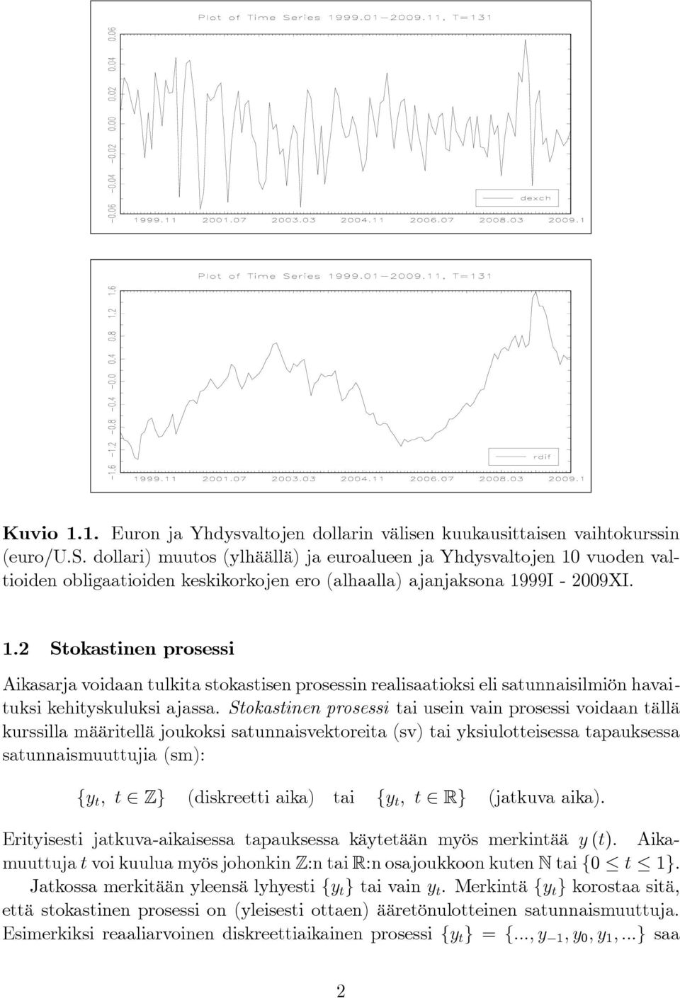 Stokastinen prosessi tai usein vain prosessi voidaan tällä kurssilla määritellä joukoksi satunnaisvektoreita (sv) tai yksiulotteisessa tapauksessa satunnaismuuttujia (sm): {y t, t Z} (diskreetti