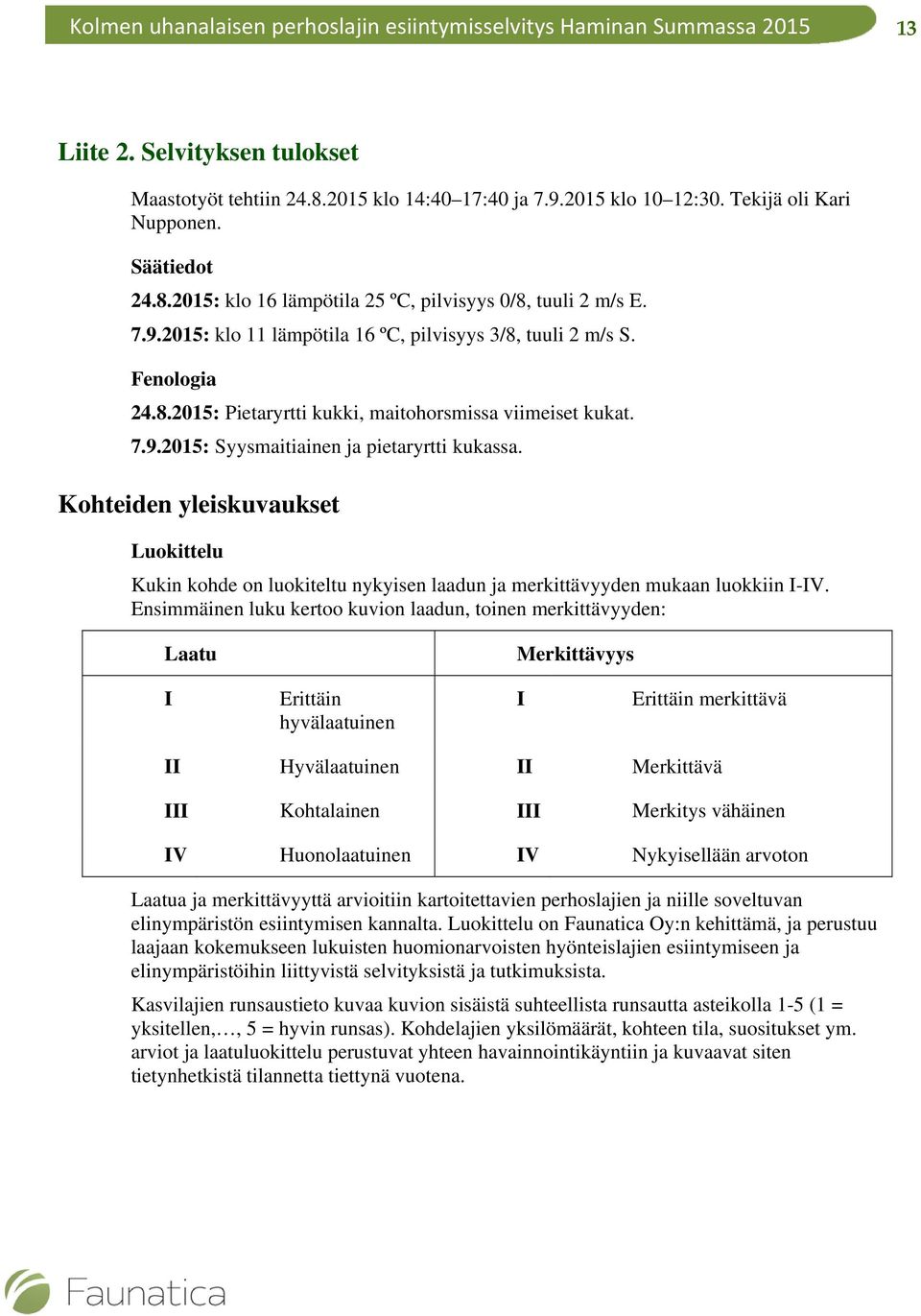 Kohteiden yleiskuvaukset Luokittelu Kukin kohde on luokiteltu nykyisen laadun ja merkittävyyden mukaan luokkiin I-IV.