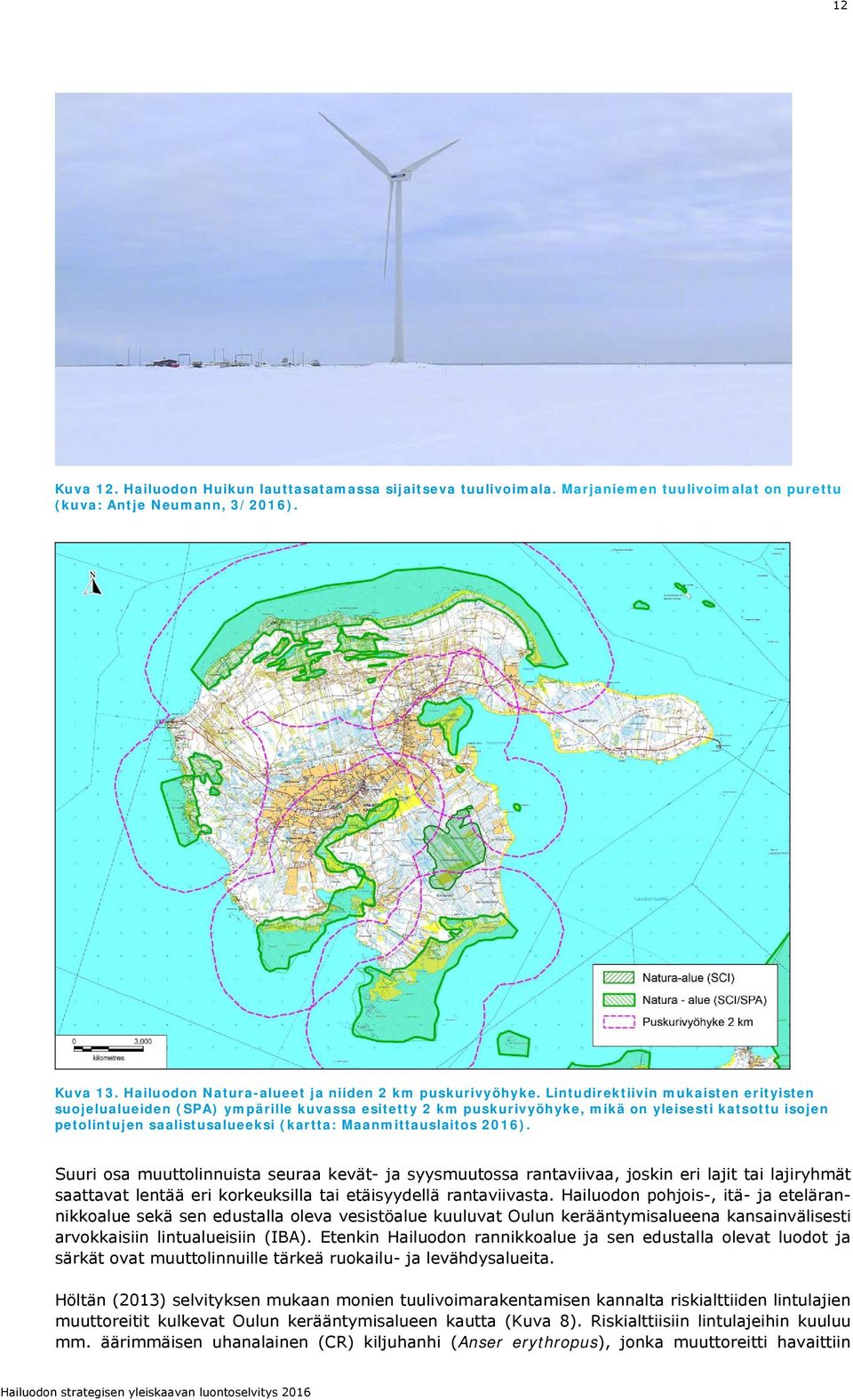 Lintudirektiivin mukaisten erityisten suojelualueiden (SPA) ympärille kuvassa esitetty 2 km puskurivyöhyke, mikä on yleisesti katsottu isojen petolintujen saalistusalueeksi (kartta: Maanmittauslaitos
