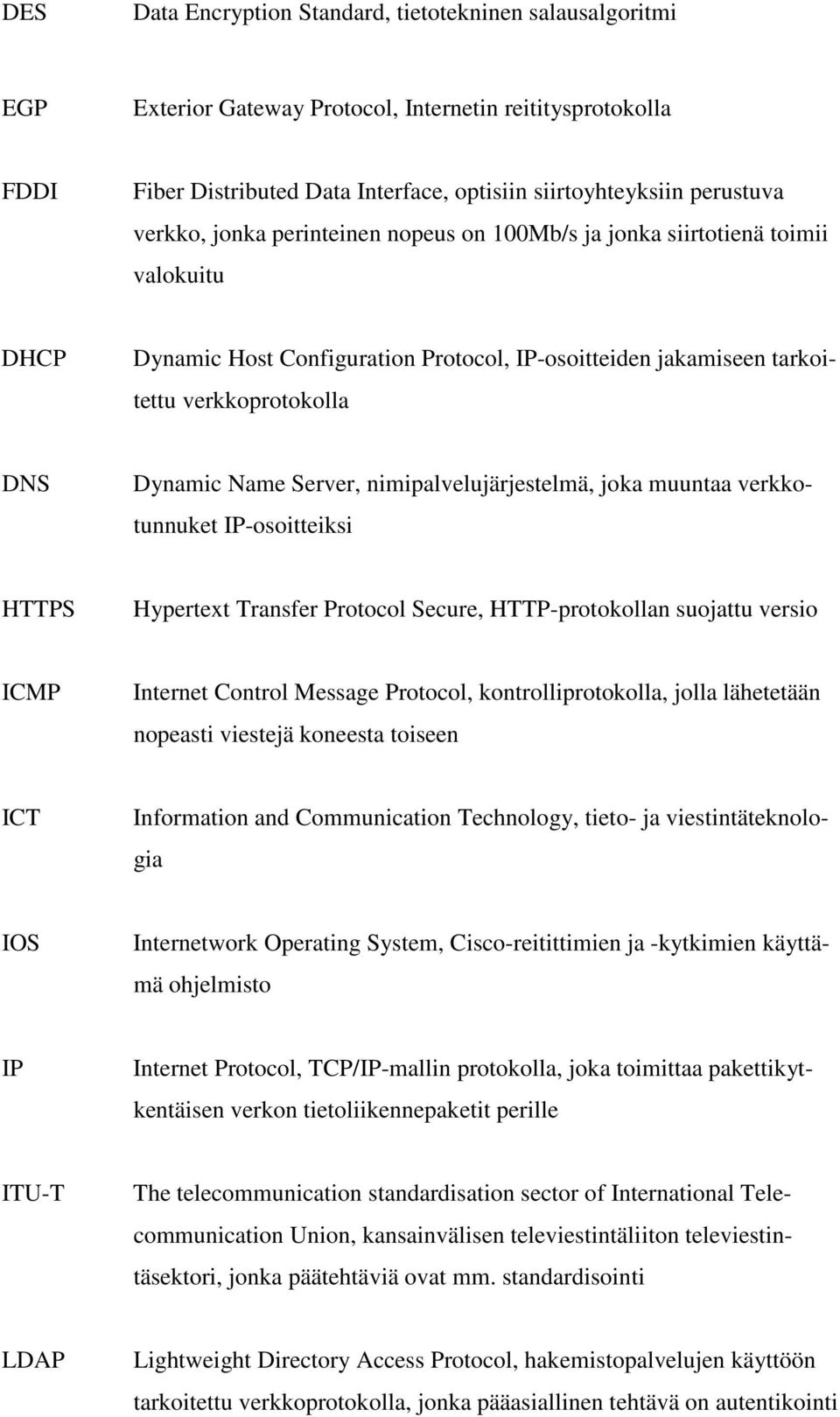 Server, nimipalvelujärjestelmä, joka muuntaa verkkotunnuket IP-osoitteiksi HTTPS Hypertext Transfer Protocol Secure, HTTP-protokollan suojattu versio ICMP Internet Control Message Protocol,