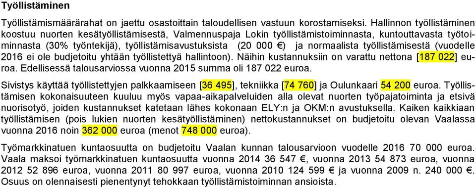 normaalista työllistämisestä (vuodelle 2016 ei ole budjetoitu yhtään työllistettyä hallintoon). Näihin kustannuksiin on varattu nettona [187 022] euroa.