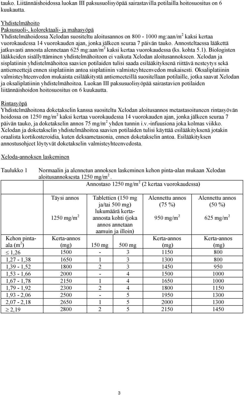 7 päivän tauko. Annosteltaessa lääkettä jatkuvasti annosta alennetaan 625 mg:aan/m 2 kaksi kertaa vuorokaudessa (ks. kohta 5.1).