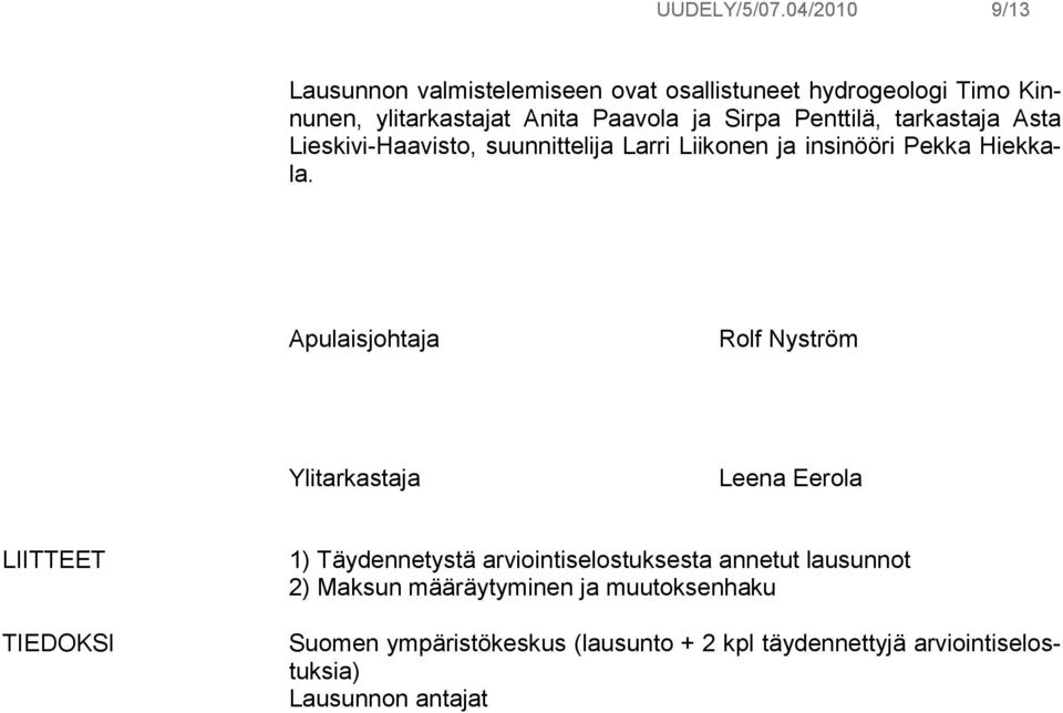 Penttilä, tarkastaja Asta Lieskivi-Haavisto, suunnittelija Larri Liikonen ja insinööri Pekka Hiekkala.