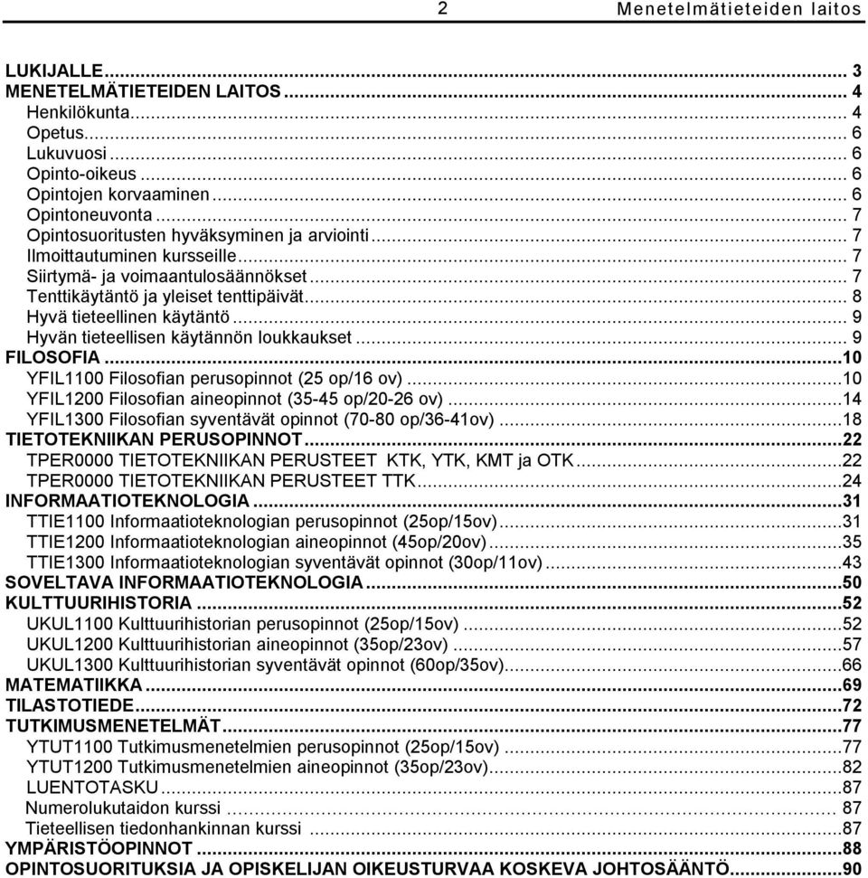 .. 9 Hyvän tieteellisen käytännön loukkaukset... 9 FILOSOFIA...10 YFIL1100 Filosofian perusopinnot (25 op/16 ov)...10 YFIL1200 Filosofian aineopinnot (35 45 op/20 26 ov).