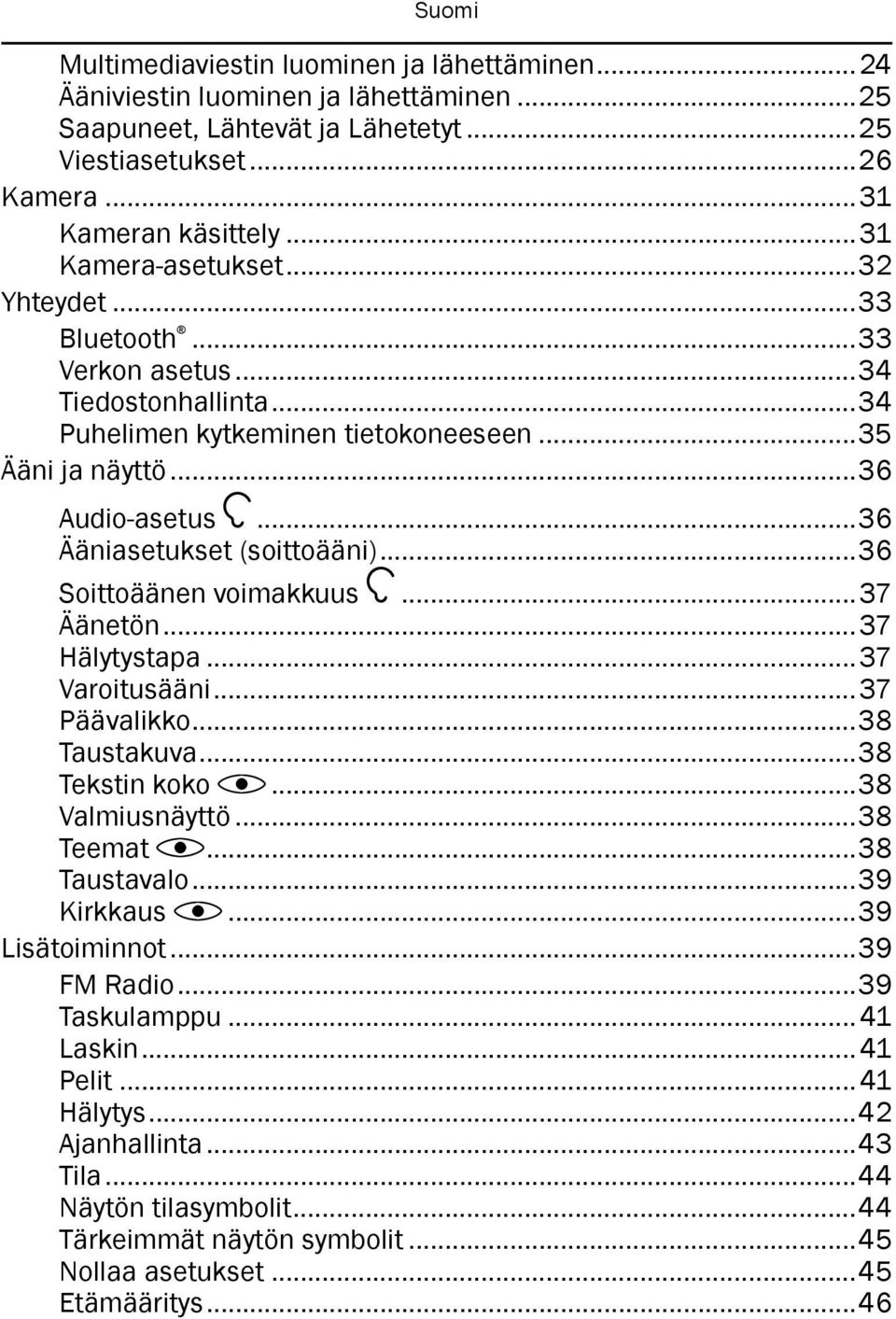 ..36 Ääniasetukset (soittoääni)...36 Soittoäänen voimakkuus...37 Äänetön...37 Hälytystapa...37 Varoitusääni...37 Päävalikko...38 Taustakuva...38 Tekstin koko...38 Valmiusnäyttö...38 Teemat.