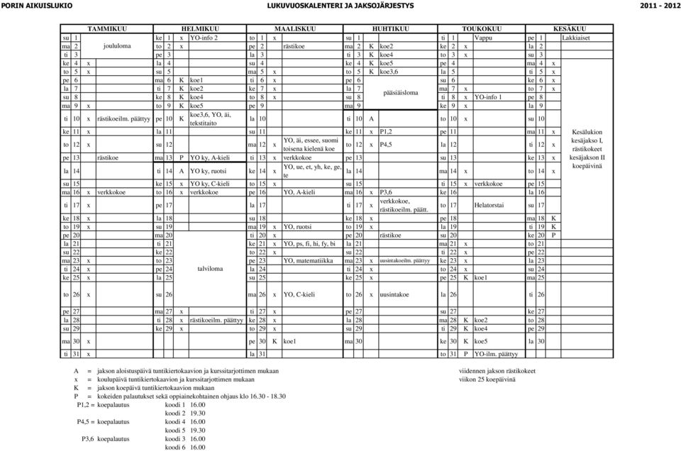 ke 6 x la 7 ti 7 K koe2 ke 7 x la 7 ma 7 x to 7 x pääsiäisloma su 8 ke 8 K koe4 to 8 x su 8 ti 8 x YO-info 1 pe 8 ma 9 x to 9 K koe5 pe 9 ma 9 ke 9 x la 9 ti 10 x rästikoeilm.