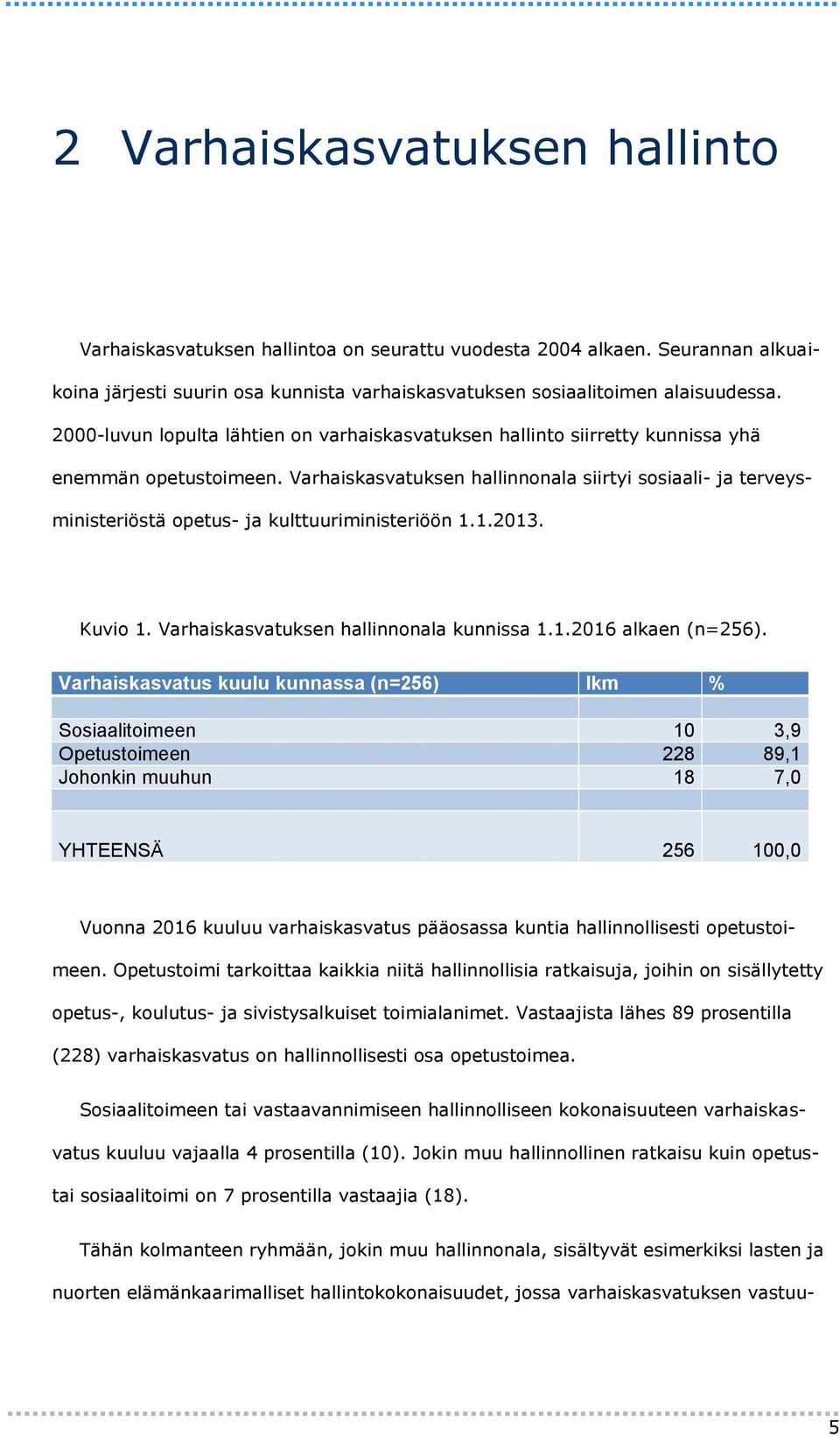 Varhaiskasvatuksen hallinnonala siirtyi sosiaali- ja terveysministeriöstä opetus- ja kulttuuriministeriöön 1.1.2013. Kuvio 1. Varhaiskasvatuksen hallinnonala kunnissa 1.1.2016 alkaen (n=256).