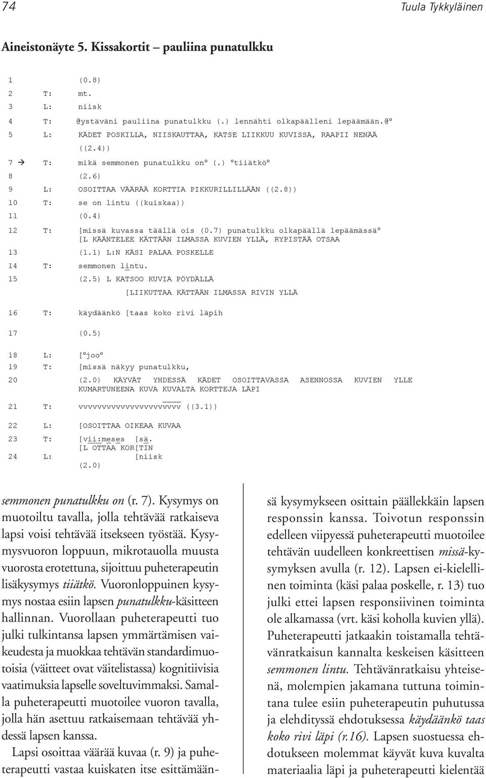 6) 9 L: OSOITTAA VÄÄRÄÄ KORTTIA PIKKURILLILLÄÄN ((2.8)) 10 T: se on lintu ((kuiskaa)) 11 (0.4) 12 T: [missä kuvassa täällä ois (0.