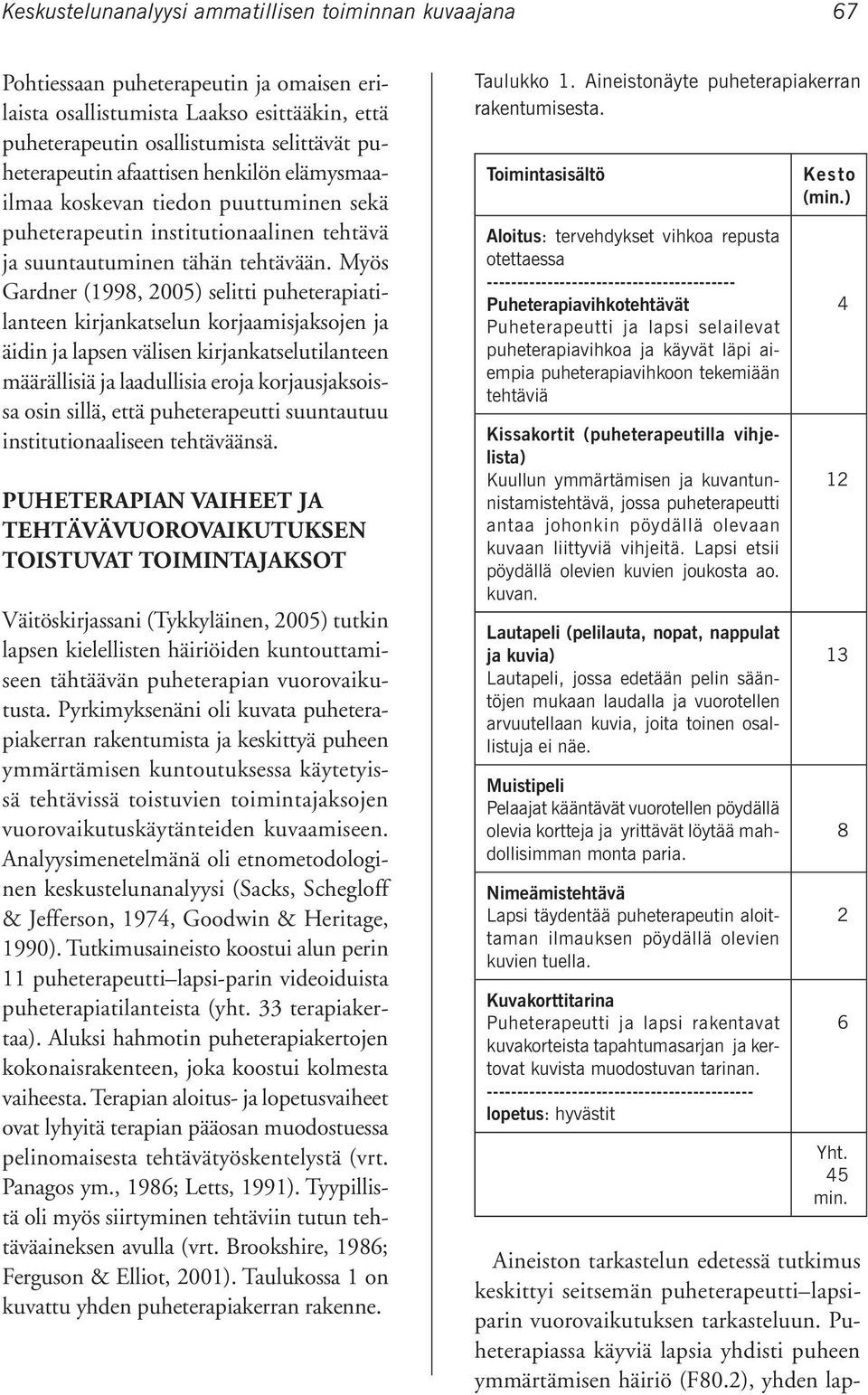 Myös Gardner (1998, 2005) selitti puheterapiatilanteen kirjankatselun korjaamisjaksojen ja äidin ja lapsen välisen kirjankatselutilanteen määrällisiä ja laadullisia eroja korjausjaksoissa osin sillä,