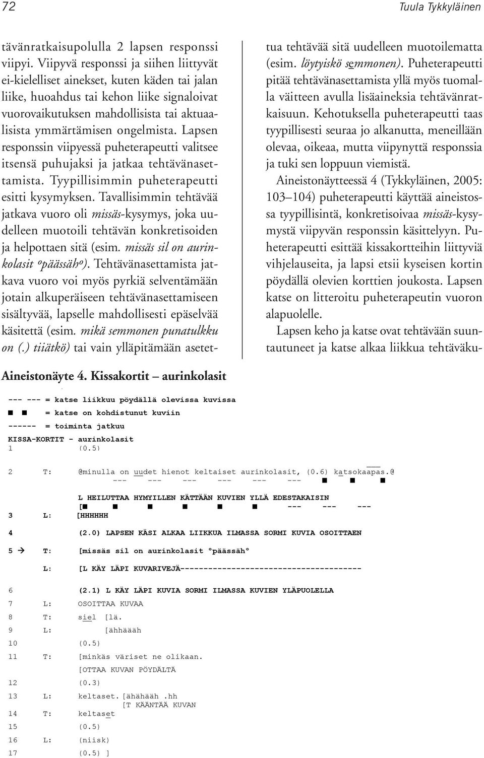 ongelmista. Lapsen responssin viipyessä puheterapeutti valitsee itsensä puhujaksi ja jatkaa tehtävänasettamista. Tyypillisimmin puheterapeutti esitti kysymyksen.