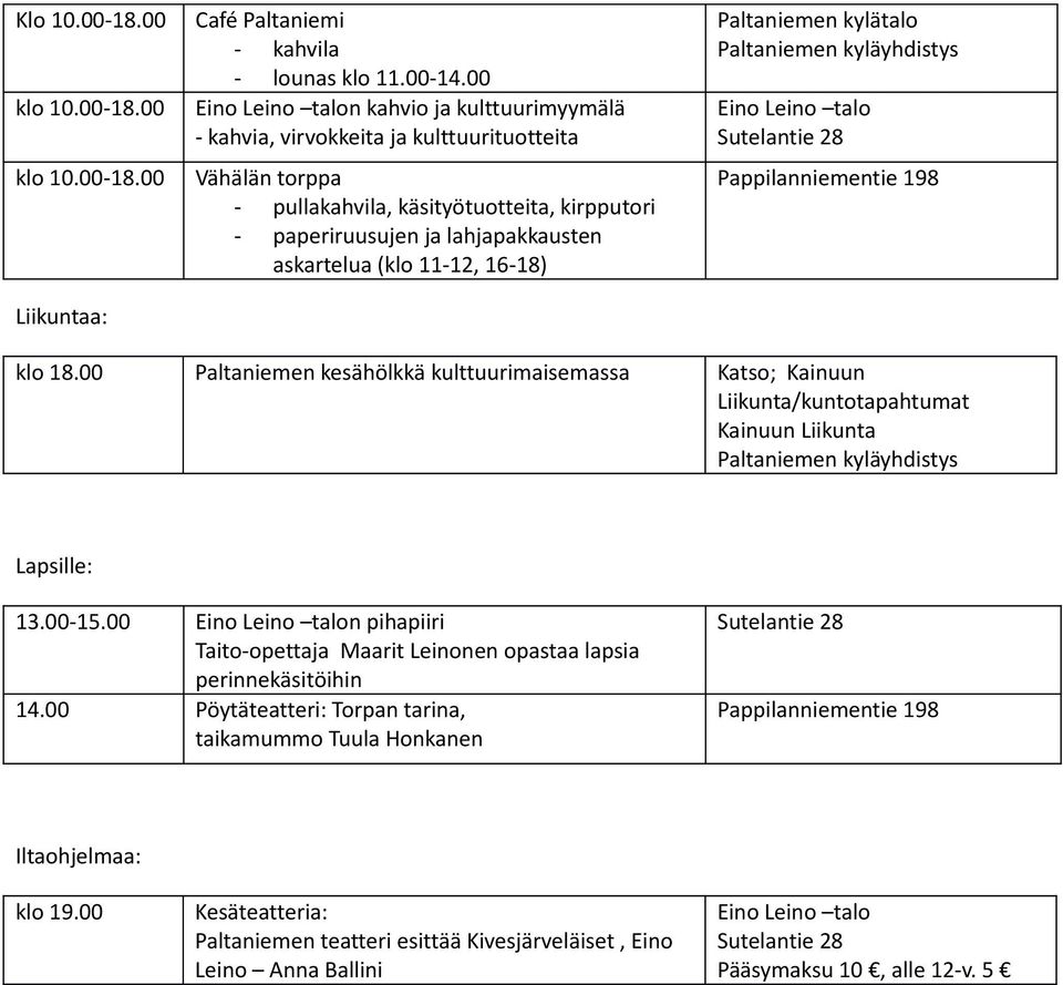 11-12, 16-18) Paltaniemen kylätalo Paltaniemen kyläyhdistys klo 18.