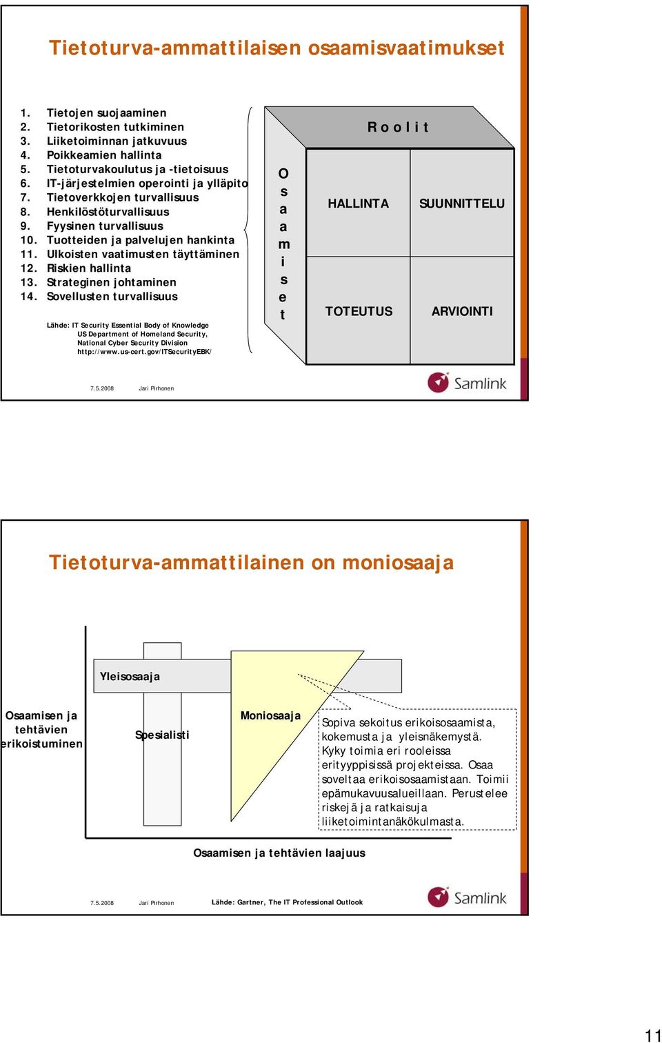 Riskien hallinta 13. Strateginen johtaminen 14. Sovellusten turvallisuus Lähde: IT Security Essential Body of Knowledge US Department of Homeland Security, National Cyber Security Division http://www.