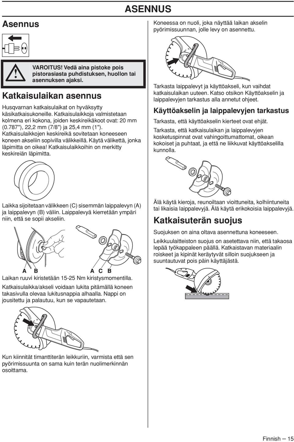 787"), 22,2 mm (7/8") ja 25,4 mm (1"). Katkaisulaikkojen keskireikä sovitetaan koneeseen koneen akseliin sopivilla välikkeillä.