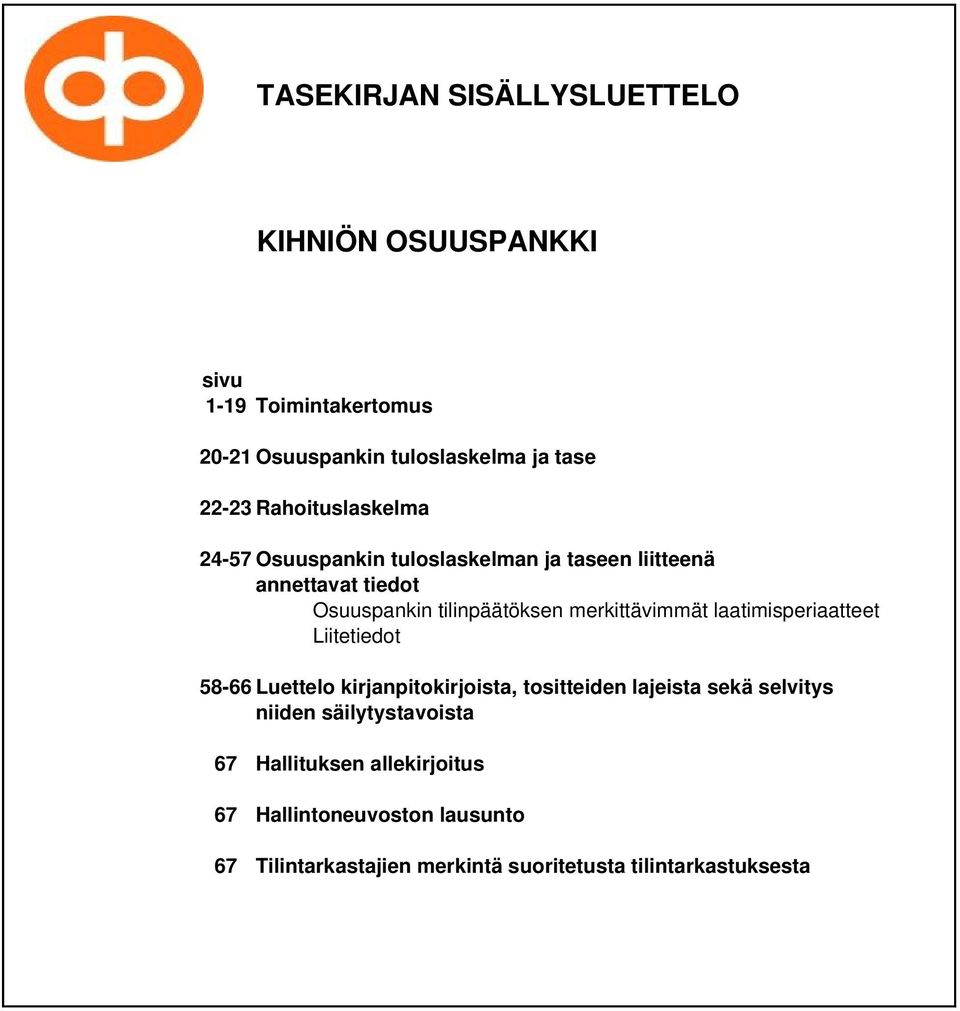 merkittävimmät laatimisperiaatteet Liitetiedot 58-66 Luettelo kirjanpitokirjoista, tositteiden lajeista sekä selvitys niiden
