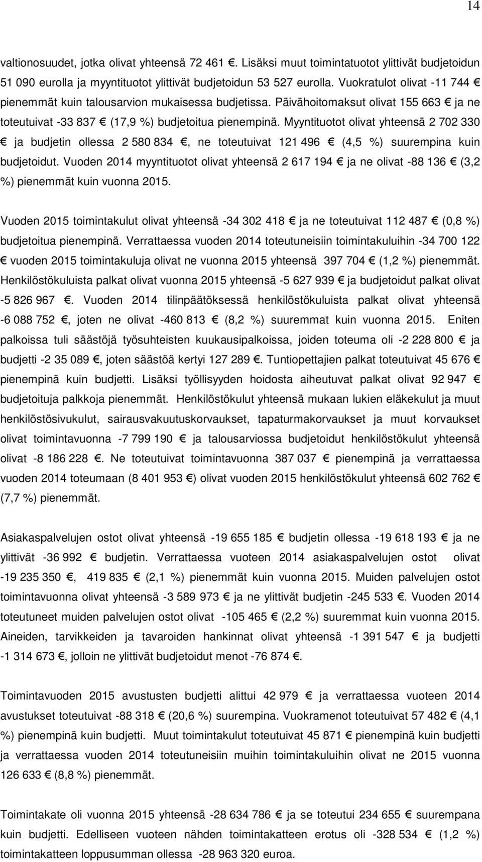 Myyntituotot olivat yhteensä 2 702 330 ja budjetin ollessa 2 580 834, ne toteutuivat 121 496 (4,5 %) suurempina kuin budjetoidut.