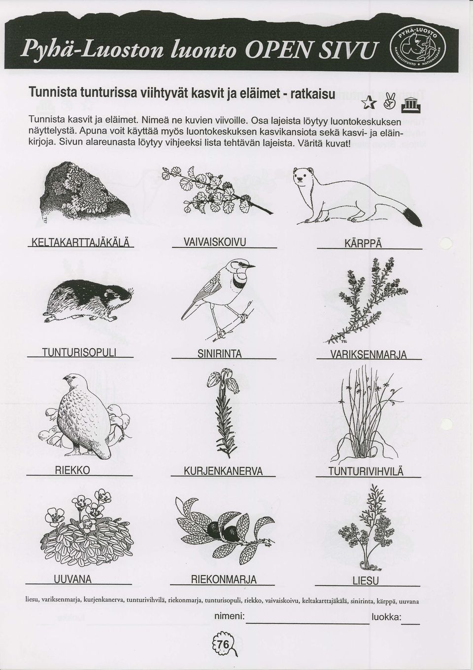 Sivun alareunasta ldytyy vihjeeksi lista tehtaivdn lajeista. Viiritii kuvat!